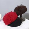Woolen hat women's autumn and winter top hat fashion trendy flower wool felt hat British retro mesh beret white