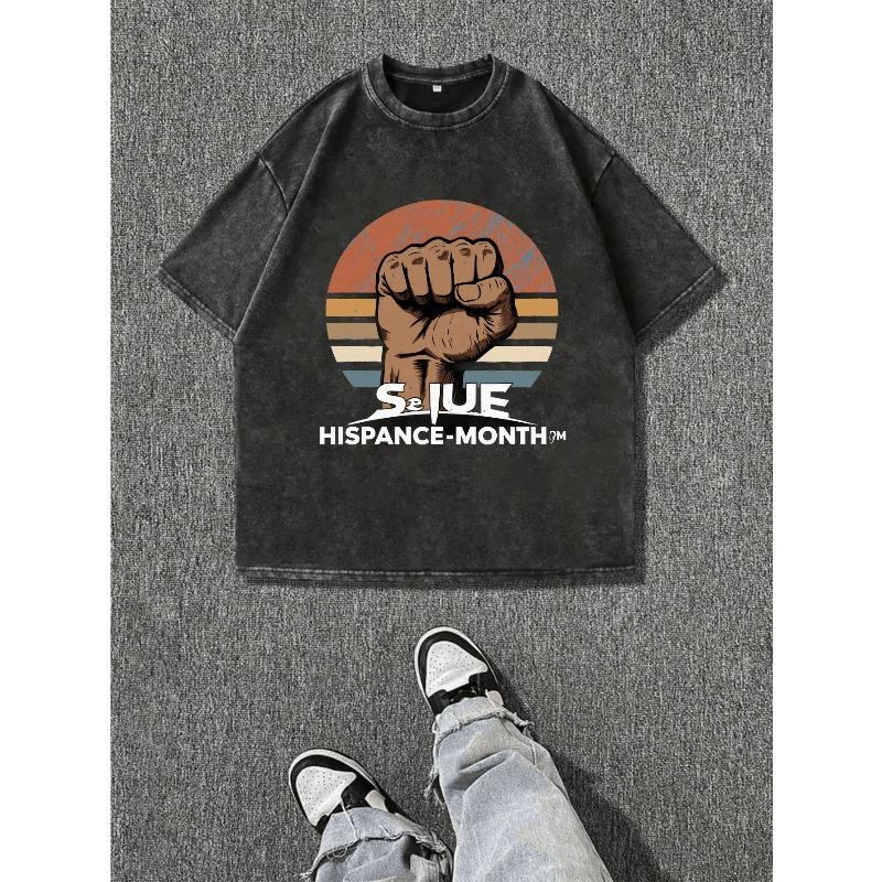 

Retro Style Distressed T-Shirt, Featuring a Gradient Raised Fist Graphic And Text, Perfect for Everyday Casual Wear S чёрный