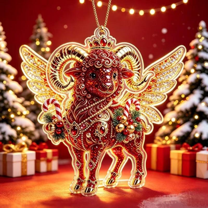 2D Acryl Sternzeichen Steinbock Weihnachtsbaum Anhänger Glücksbringendes Rot-Gold Design Für Rückspiegel Neujahr Hausdekoration