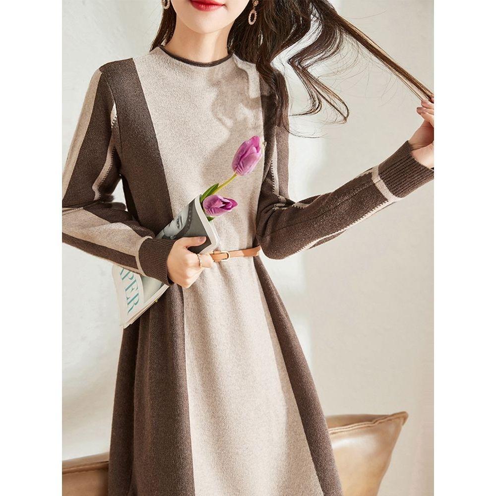 Rochie Tricotată Casual pentru Femei Rochie Pulover Largă de Lungime Medie cu Talie Marcată Toamnă și Iarnă