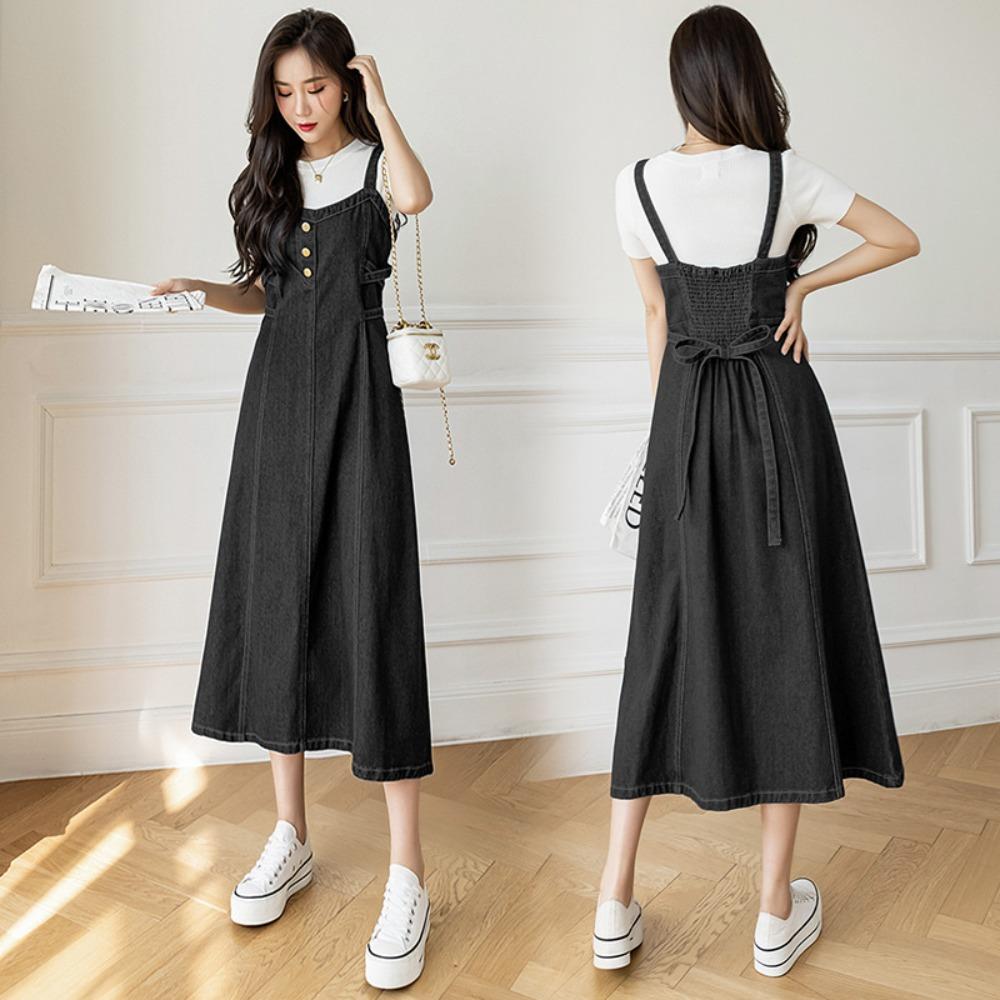 Vestito Salopette in Denim Lavato Retrò da Donna Vestibilità Larga Lungo Maxi Linea ad A Casual Tuta Vestito