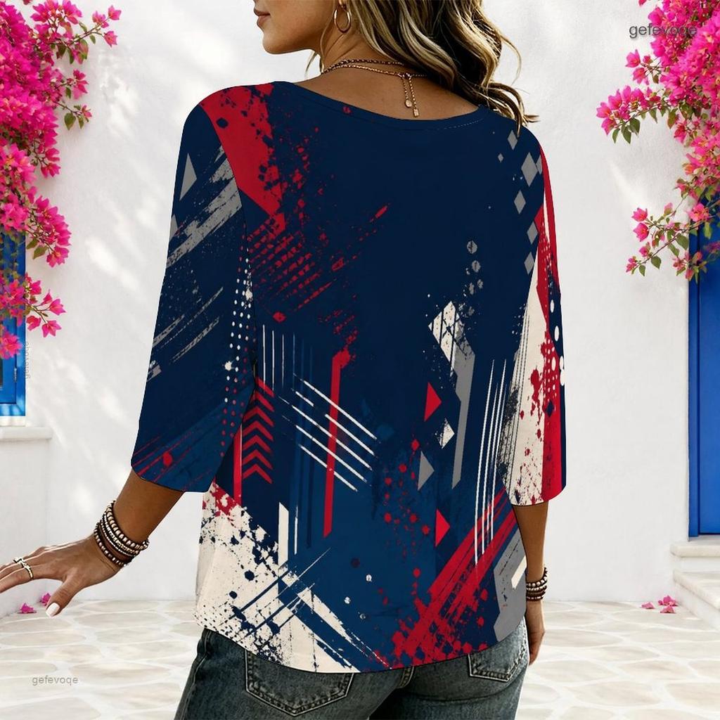 Women Plus Size Round Neck Half Sleeve Loose Fit Printed Blouse Red Blue White Star Print