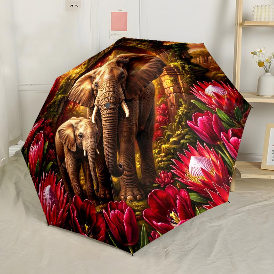 

Stained Glass Elephant Compact Travel Automatic Umbrella Folding Umbrella with 8 Ribs Foldable Design Perfect for Outdoor Adventures