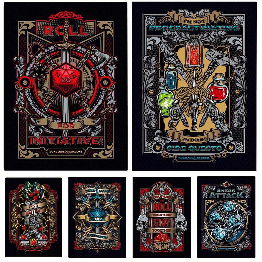 Dungeons and Dragons Slogan Collection Poster Modern Game Sign Canvas Painting Wall Art for Living Room Home Decor Mural