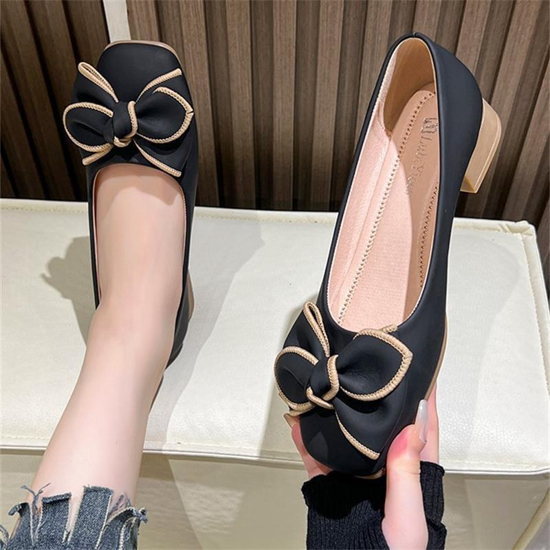 Bow shallow mouth Doudou shoes women's 2025 new spring and autumn season one pedal soft sole soft leather with skirt single shoes ladyshoes