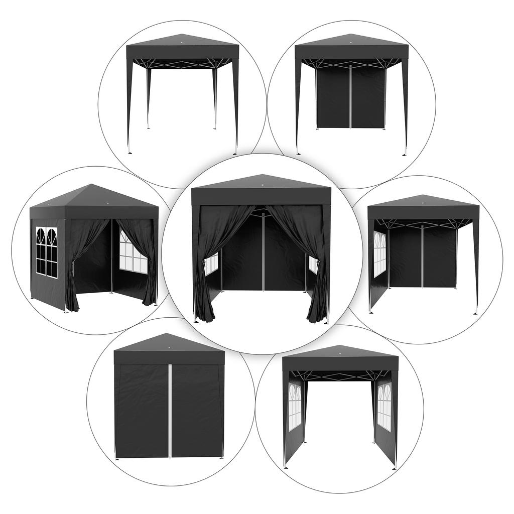 Faltpavillon, Biergartenpavillon, 4 abnehmbare Seitenwände, 2 Fenster, Metallgestell, 2 x 2 m, Schwarz