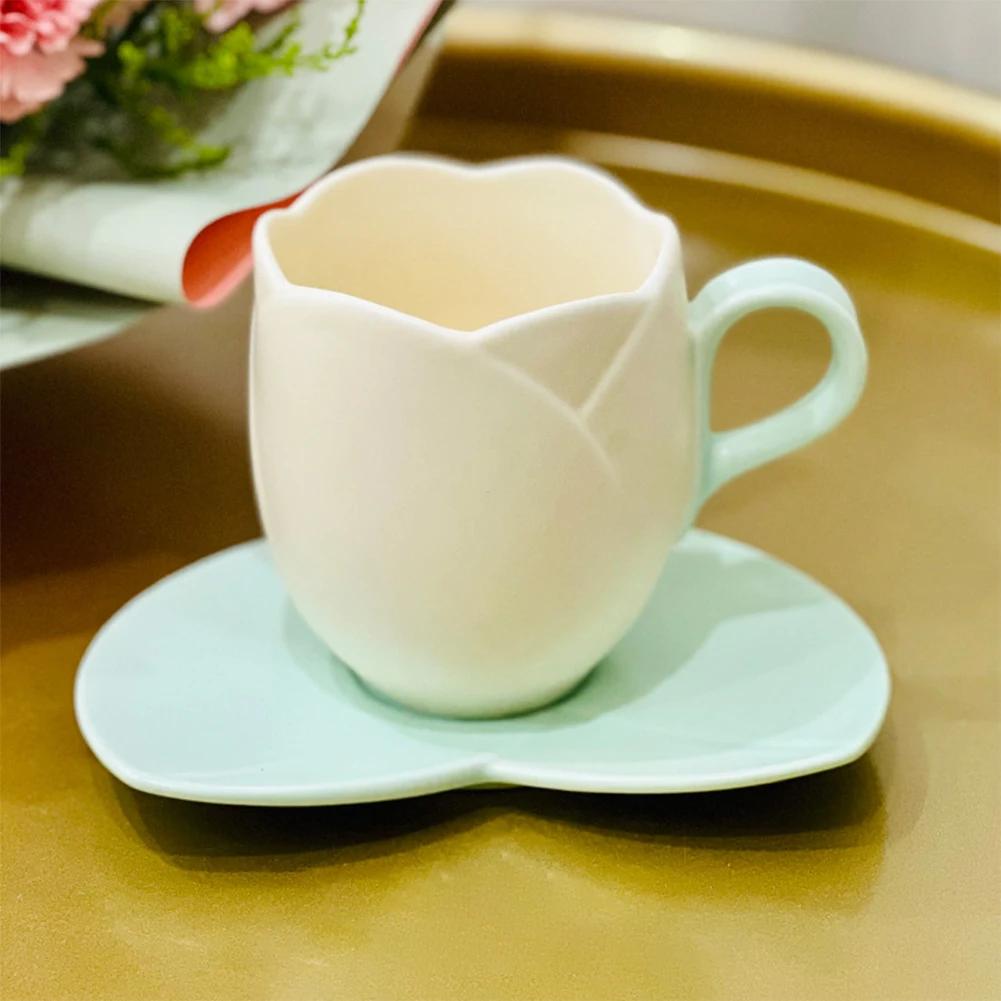 Lovely Tulip Drinking Cup with Saucer Ceramic Tulip Shaped Teacup Creative Vintage Mug Home Afternoon Tea Cappuccino Tableware