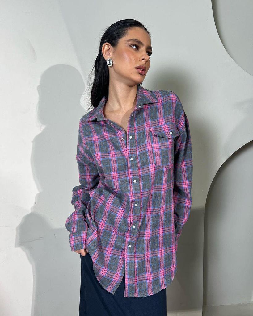 2024 Autumn Women's Retro Plaid Loose Lapel Shirt with Long Sleeves and Pocket