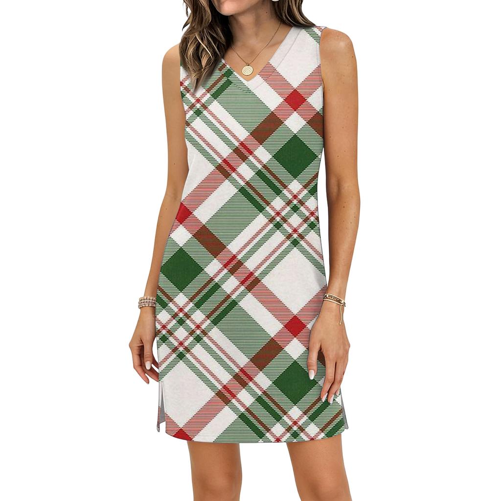 Women's Casual V-neck Sleeveless Split Hem Plaid Print Dress