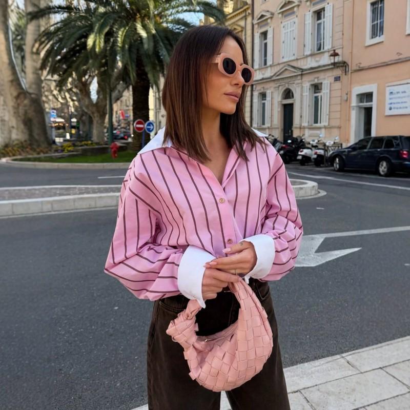 Womens Striped Collar Shirt Loose Long Sleeve Casual Top Streetwear Style Fall