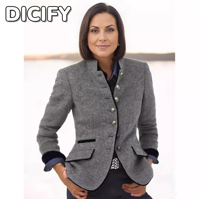 DICIFY Dámské Vintage ležérní jednobarevný potisk Podzim Zima Dlouhý rukáv POLO bundy a kabáty