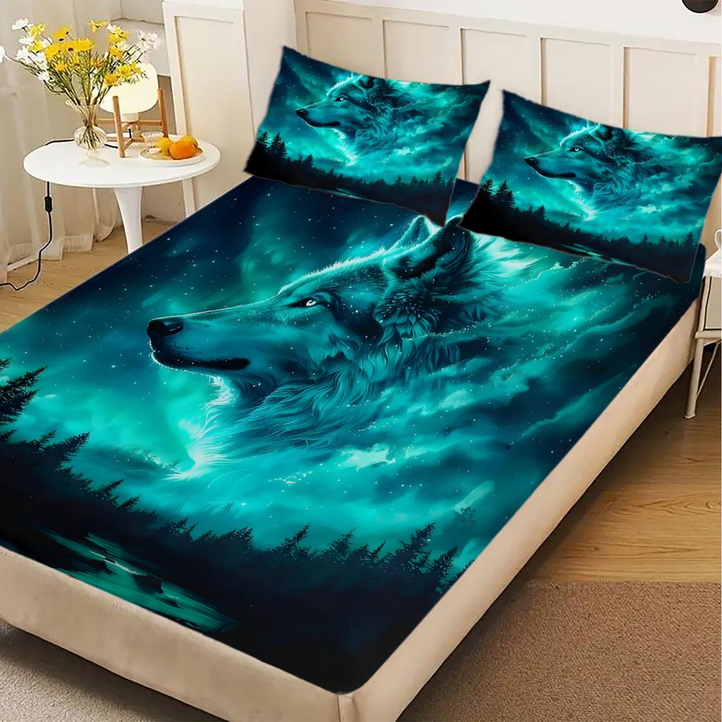 1pc Forest Wolf Fitted Sheet 100% Polyester Durable Bed Sheet NO Pillowcases for Home Bedroom Decor Boys Birthday Gifts