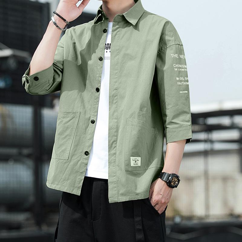 Men's Summer Lightweight 3/4 Sleeve Shirt Loose-Fit Casual Japanese-Style Workwear Shirt
