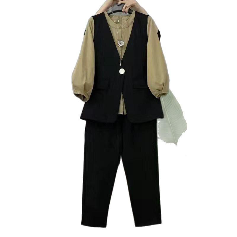 Trendy Plus Size Women's Slimming Three-Piece Set: Lantern Sleeve Shirt, Versatile Vest, and Pants