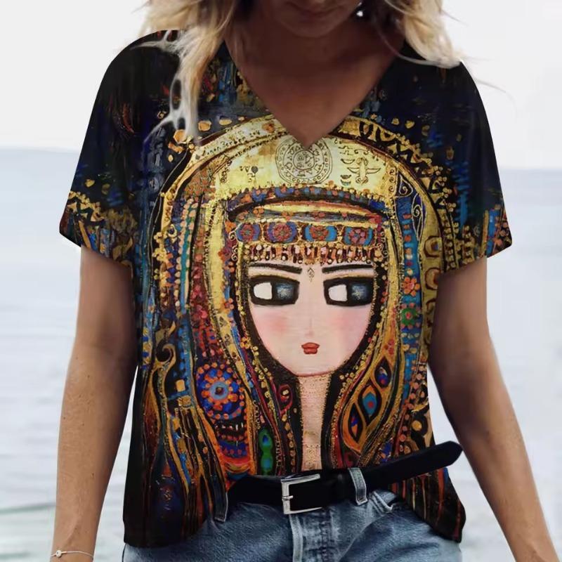 Summer Cartoon T Shirt Women Gilr Graphic 3D Print V-Neck Short Sleeve Pullover Outdoor Casual Y2k Clothing Female T-Shirts