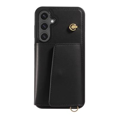 For Samsung Galaxy S24 FE Crossbody Phone Case Card Holder Kickstand Leather Coated TPU Mobile Cover