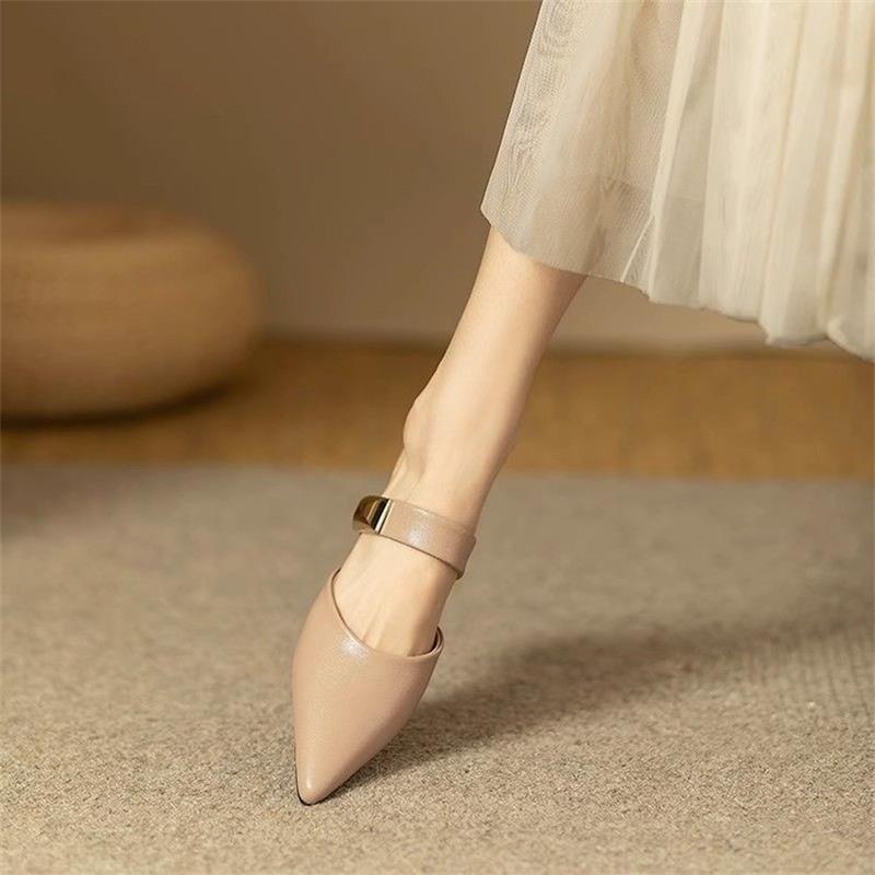 French soft leather bag head half slippers women's summer wear 2025 new Internet celebrity thick heel Mueller shoes middle heel pointed shoes
