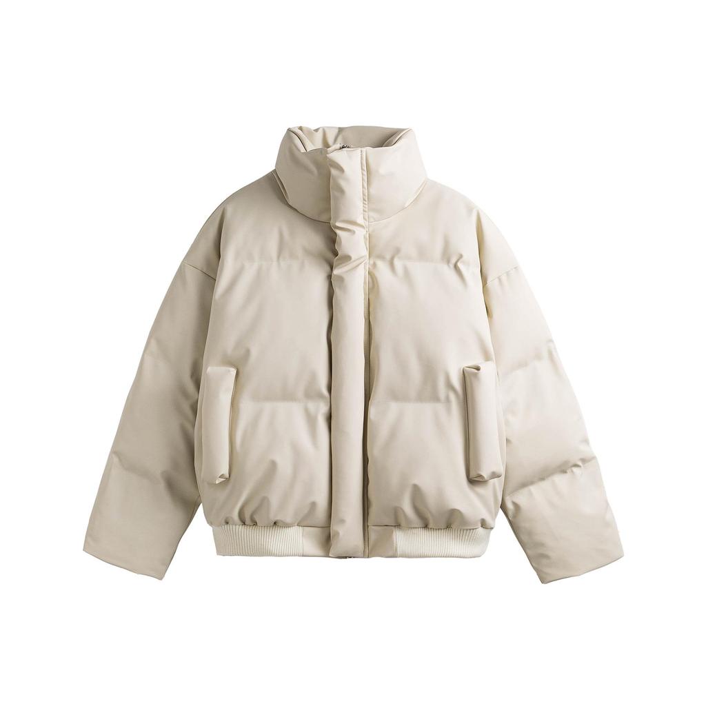 Unisex Frosted PU Leather Puffer Jacket: Winter Heavyweight Stand-up Collar, Thick Warm Loose Fit, Casual Outerwear for Men and Women.
