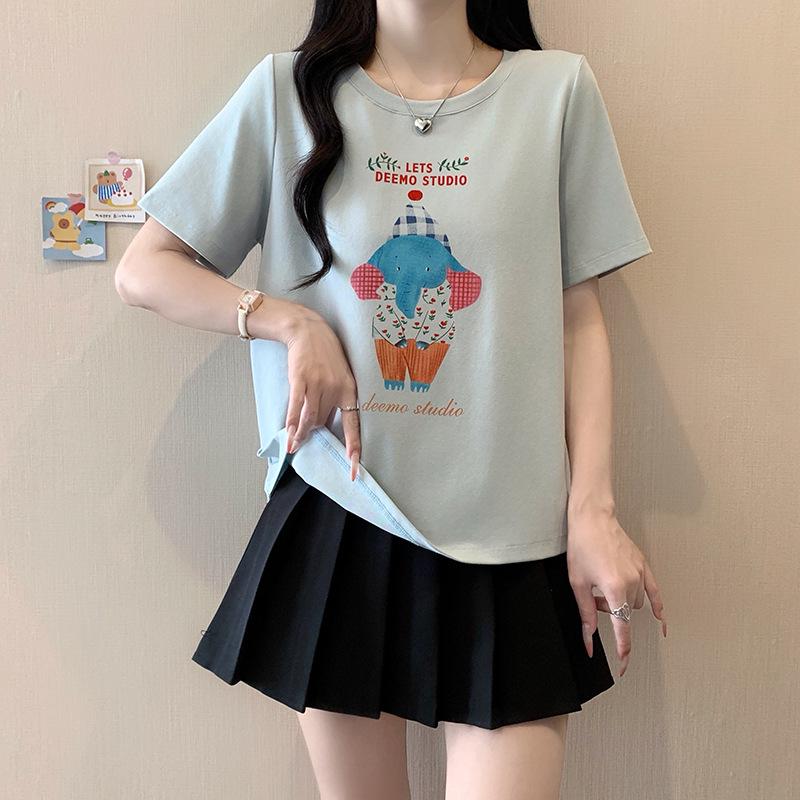 2026 New Arrival Plus Size Women's Cute Print Combed Cotton Loose Slimming Short Sleeve T-shirt