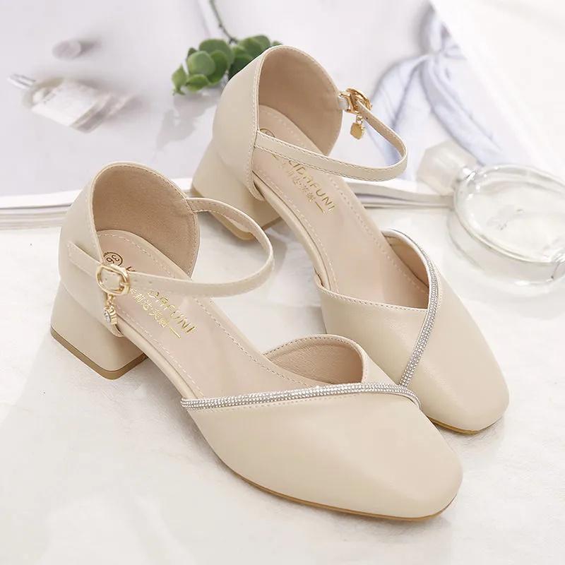 Mode Damenschuhe Frauen süße runde Zehe hohe Qualität Frühling & Sommer quadratischer Absatz Schuhe Dame Mode süß beige Büroschuhe ea280