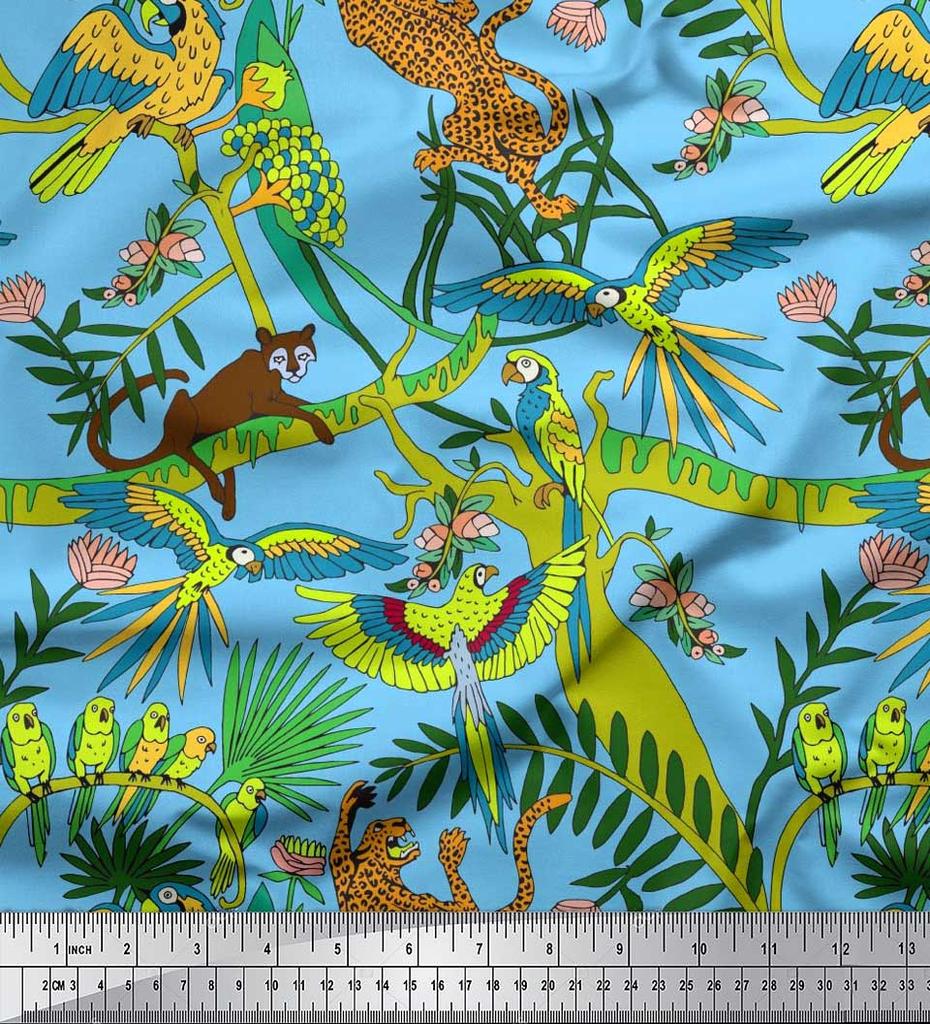 Soimoi Japan Crepe Satin Fabric Branches,Parrot & Leopard Jungle Print Fabric by the metre 42 Inch