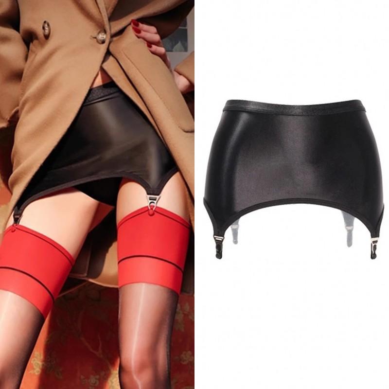 Cinta-liga Vintage Preta Feminina Para Meias Lingerie Elástica Sexy Brilho de Óleo Cinta-liga Boate Clipes de Metal Minissaia