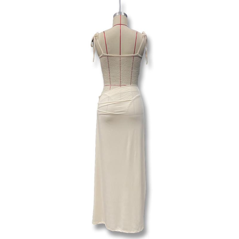 Women's Sexy Lace Off Shoulder Spaghetti Strap Bodycon Maxi Dress with Slit and Patchwork Sheer Cutout