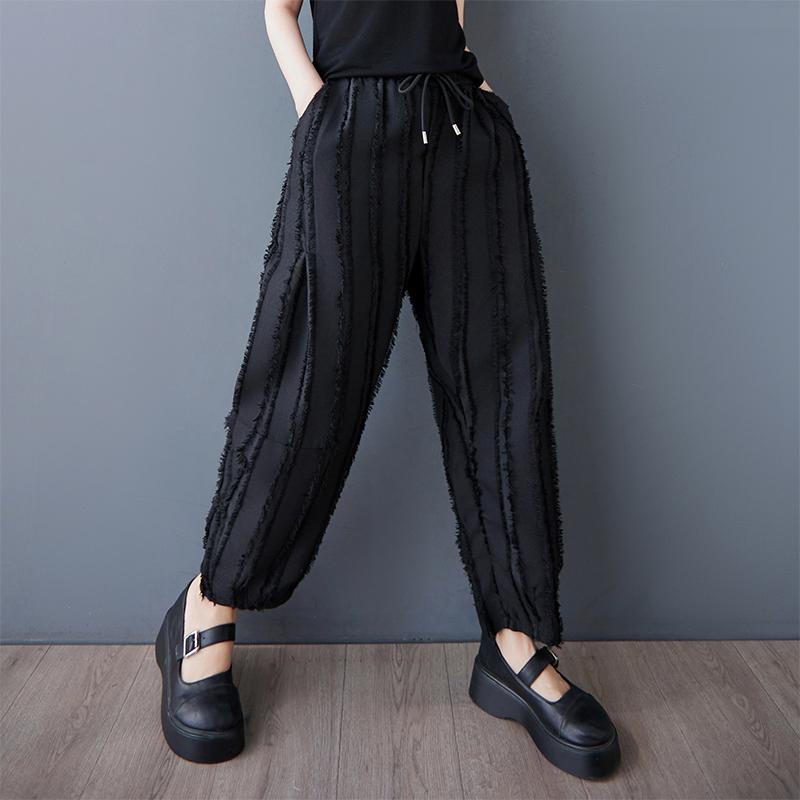Plus Size Black Vintage Stripe Patchwork High Waist Casual Loose Summer Harem Pants Women Trousers