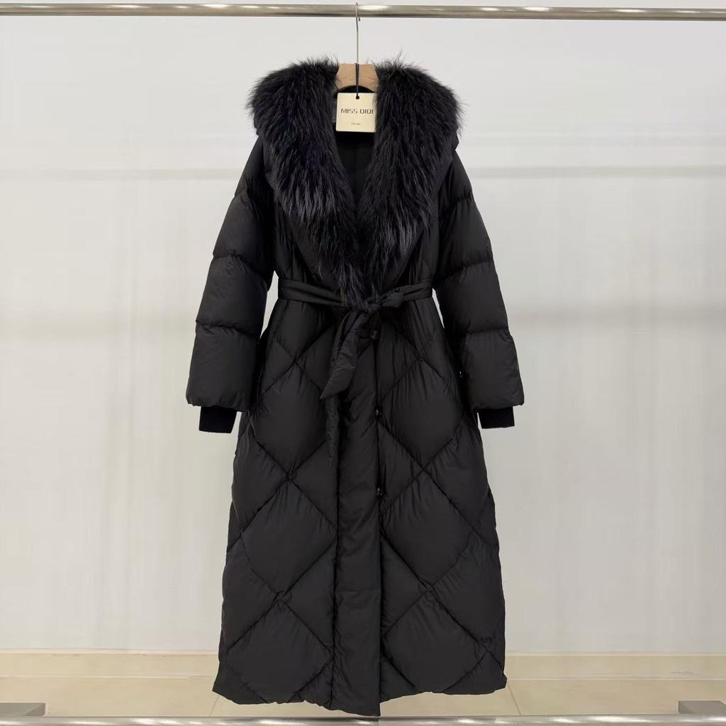 European winter new raccoon fur collar long down jacket women's knee waist thickened warm and thin jacket
