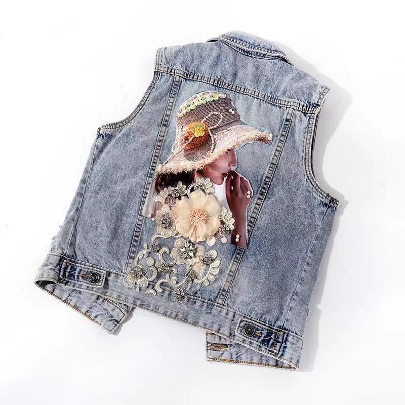Diamond Studded Flower Denim Vest Short Sleeveless Vest Women's Loose Short Jacket Heavy Industry Technology Top New Fashion Autumn