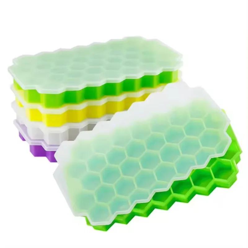 1PC Ice Cube Tray Silicone Flexible 37 Cubes Ice Trays Freezer with Lid for Chilled Drinks Whiskey Cocktails Kitchen Accessories