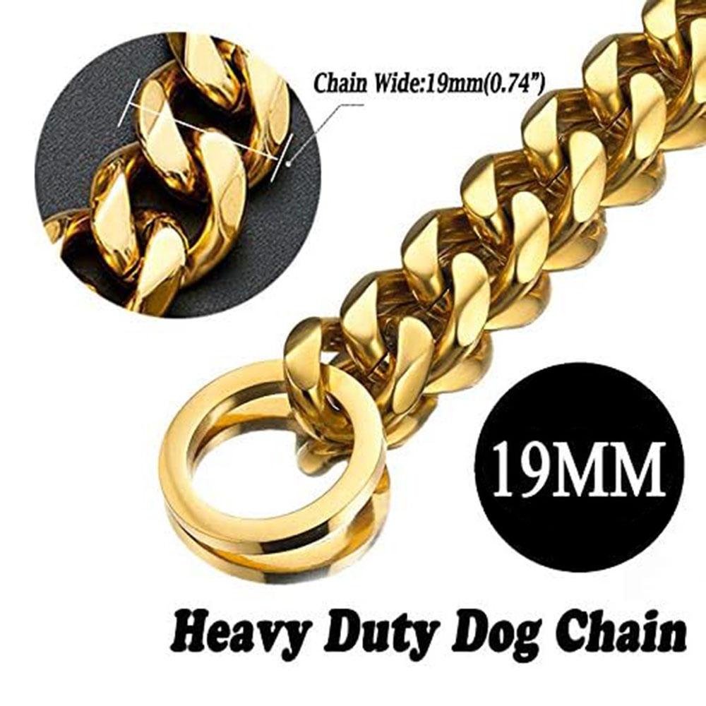 Heavy Duty 19mm Stainless Steel Dog Choke Chain Collar Pet Necklace Sliver 18K Gold Dog Cuban Link for Pit Bull Mastiff Bulldog