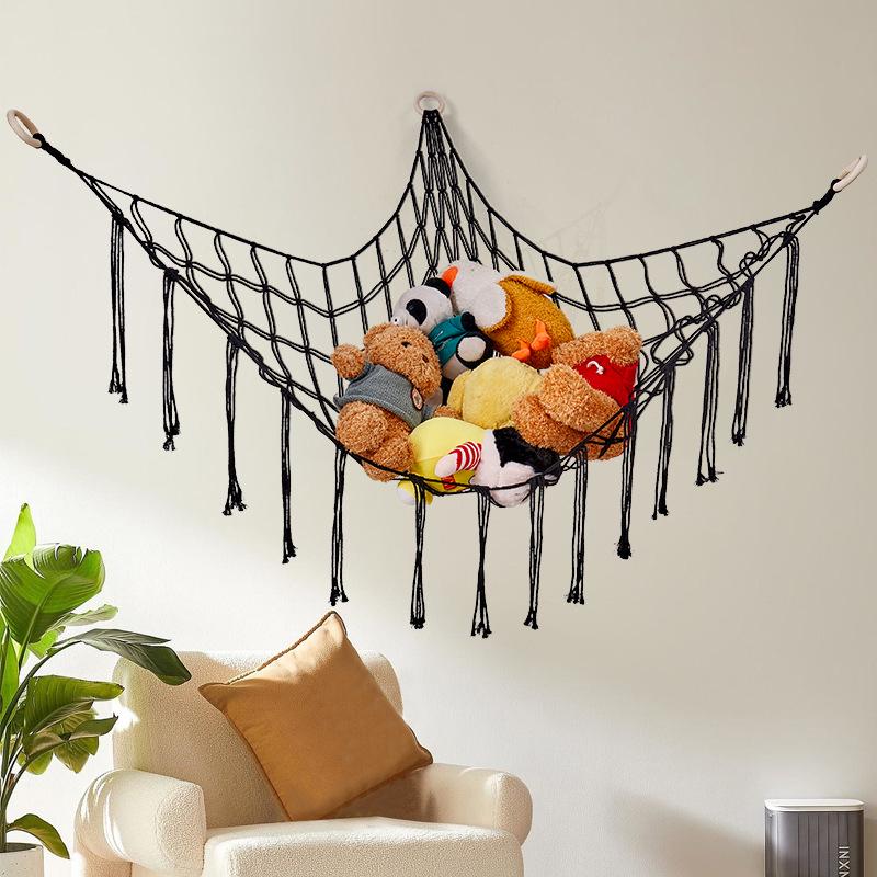 Kolorowy sznurkowy worek-siatka z frędzlami do przechowywania zabawek dla pokoju dziecięcego