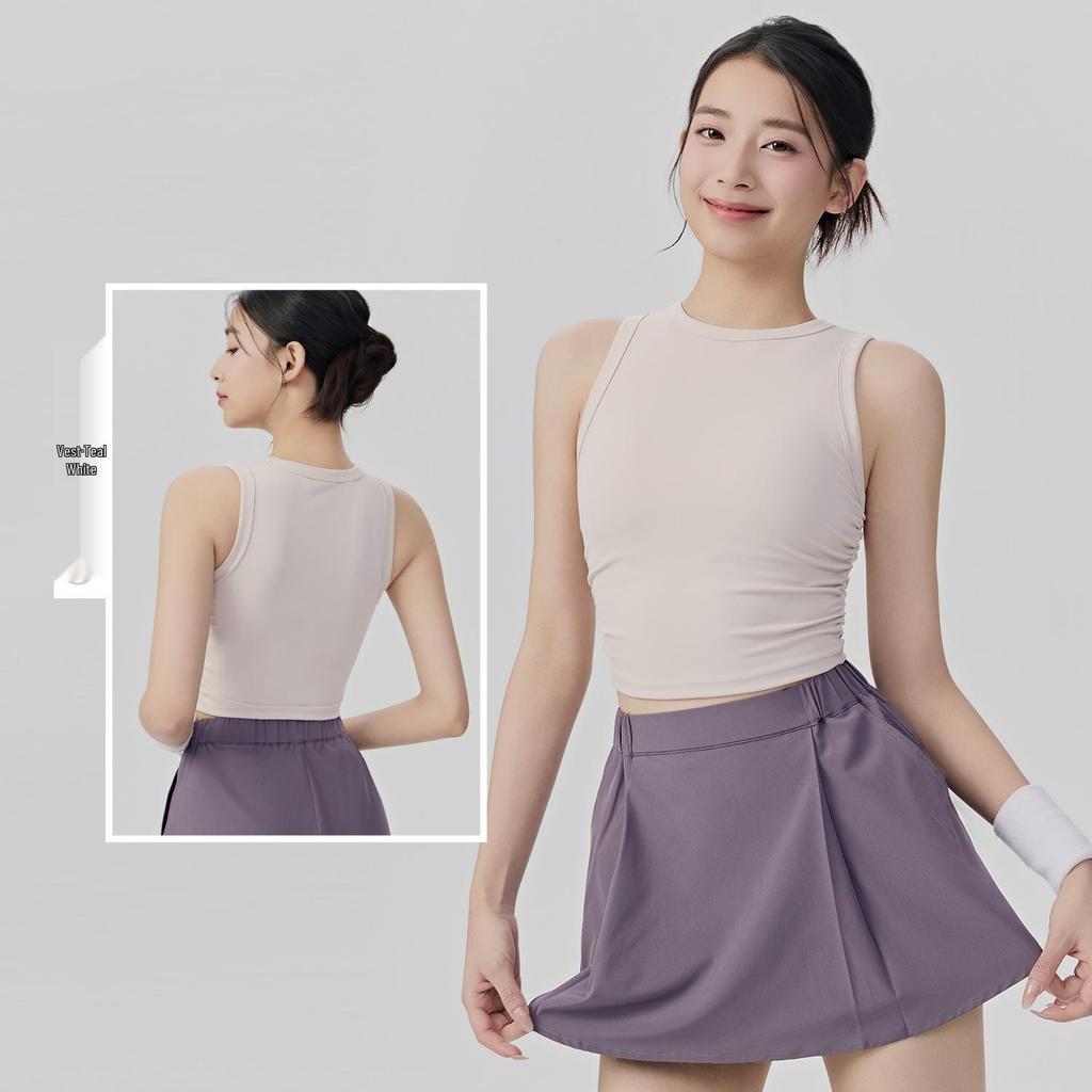 Women's Sportswear Set: Padded Bust Yoga Vest & Loose Casual Anti-exposure Skirt Shorts with Pleated Waistband and Belt