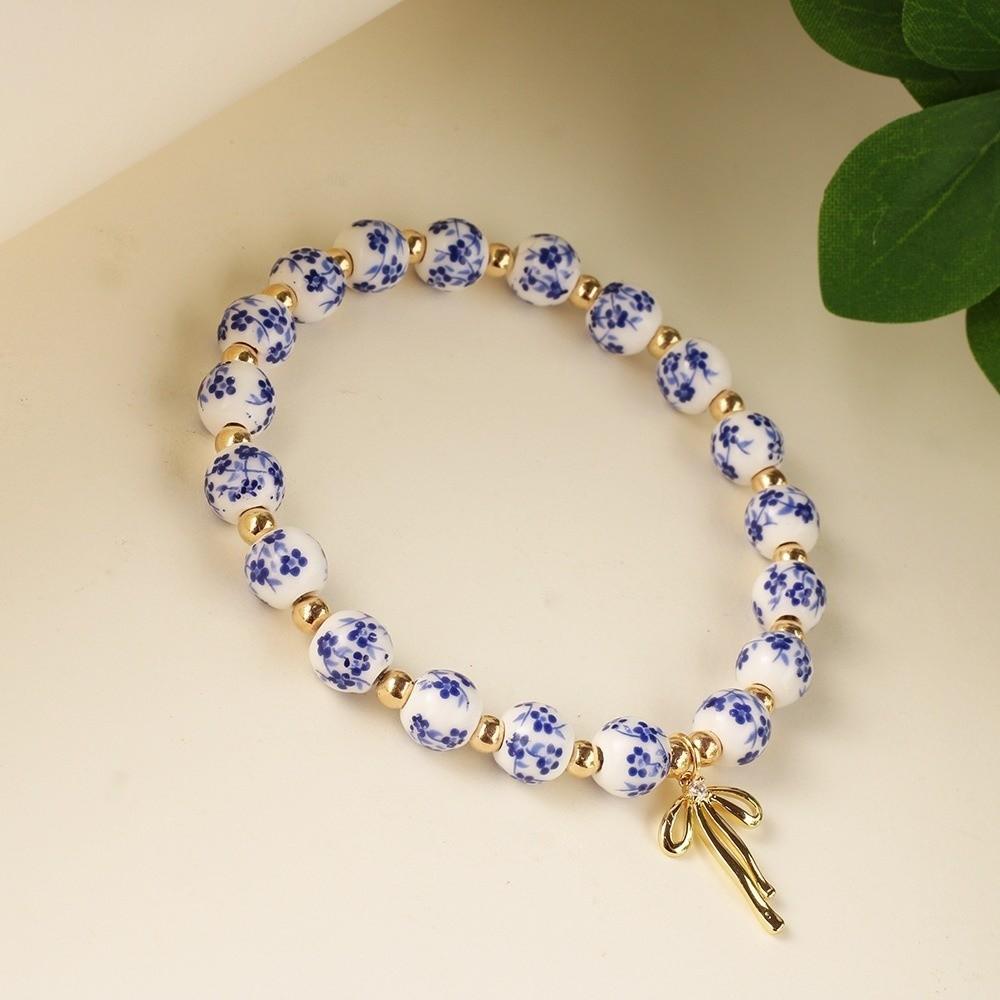 Chinese Style Blue and White Porcelain Bracelet Vintage Elastic Ceramic Bracelet Versatile Pretty Women's Bracelet Birthday Gift