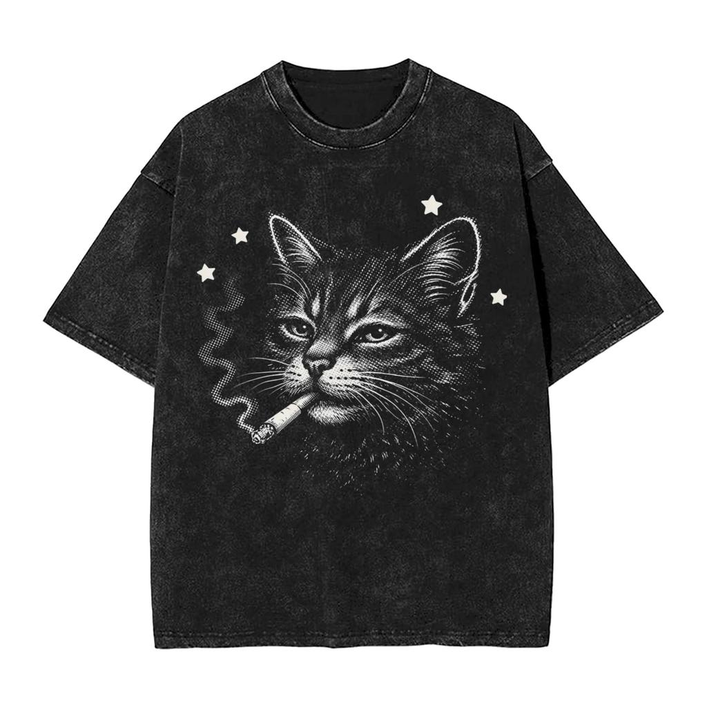Smoking Cat Funny Washed T Shirts Streetwear Hip Hop Fashion T-Shirts Tees Tops Wo 100% Cotton Oversize Graphic Printed