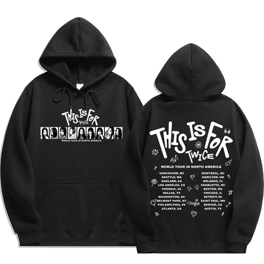 TWICE This Is For World Tour Hoodie, B&W Member Photo Strip & Doodle City Double‑Sided Print K‑pop Fan Pullover Sweatshirt