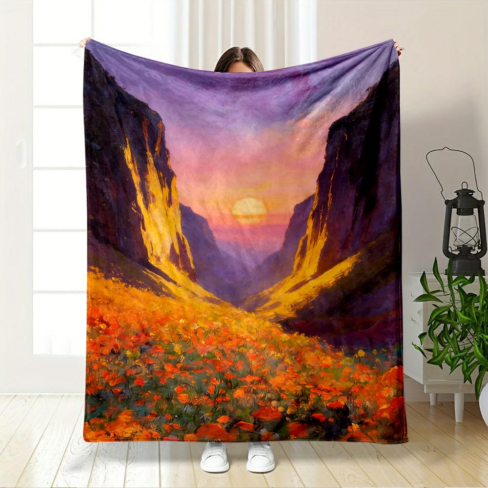 Sunset Valley with Vibrant Poppy Flowers Flannel blanket for bedroom, living room, sofa, and nap sofas