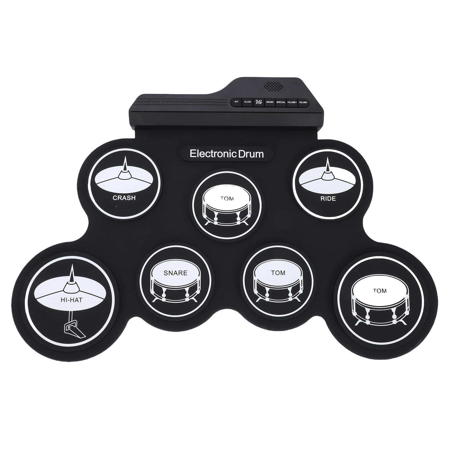 

Portable Electronic Drum Roll Up Silicone Drum Kit Built in Speaker 7 Drum Pads 5 Drum Tones 8 Demo Songs MP3 Input