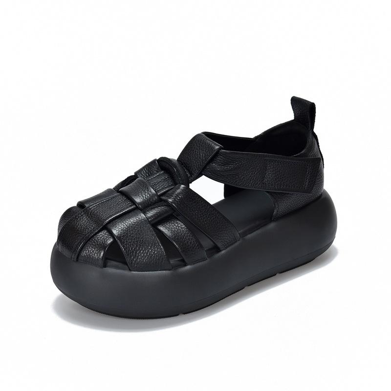 

Johnature Lightweight Thick Soled Genuine Leather Hollow-out Sandals Cowhide Women s Flat Platform Shoes 40 чорний