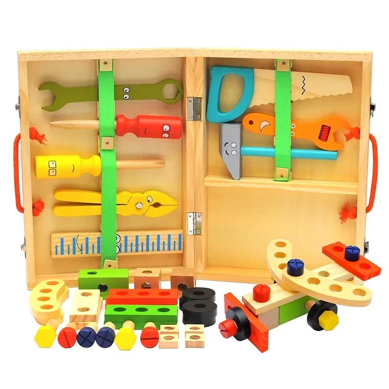 non-toxic Educational Montessori Kids Toys Plastic Wooden Toolbox Pretend Play Children Nut Screw Assembly Simulation Carpenter Tool Toys