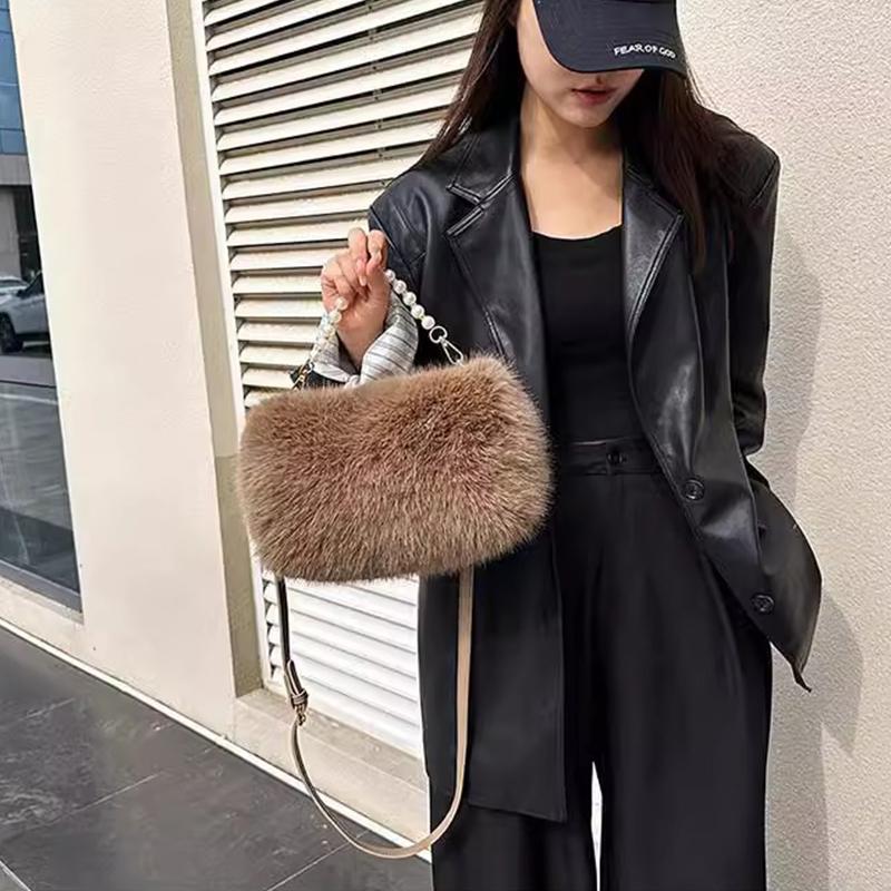 Yogodlns Winter Fashion Women's Faux Fur Shoulder Bags Candy Color Pearl Handle Crossbody Bag Small Fluffy Female Pillow Handbags