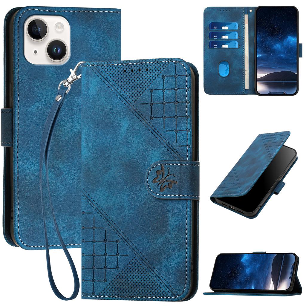 For iPhone 15 Leather Wallet Case Butterfly Flower Imprinted Phone Cover with Strap
