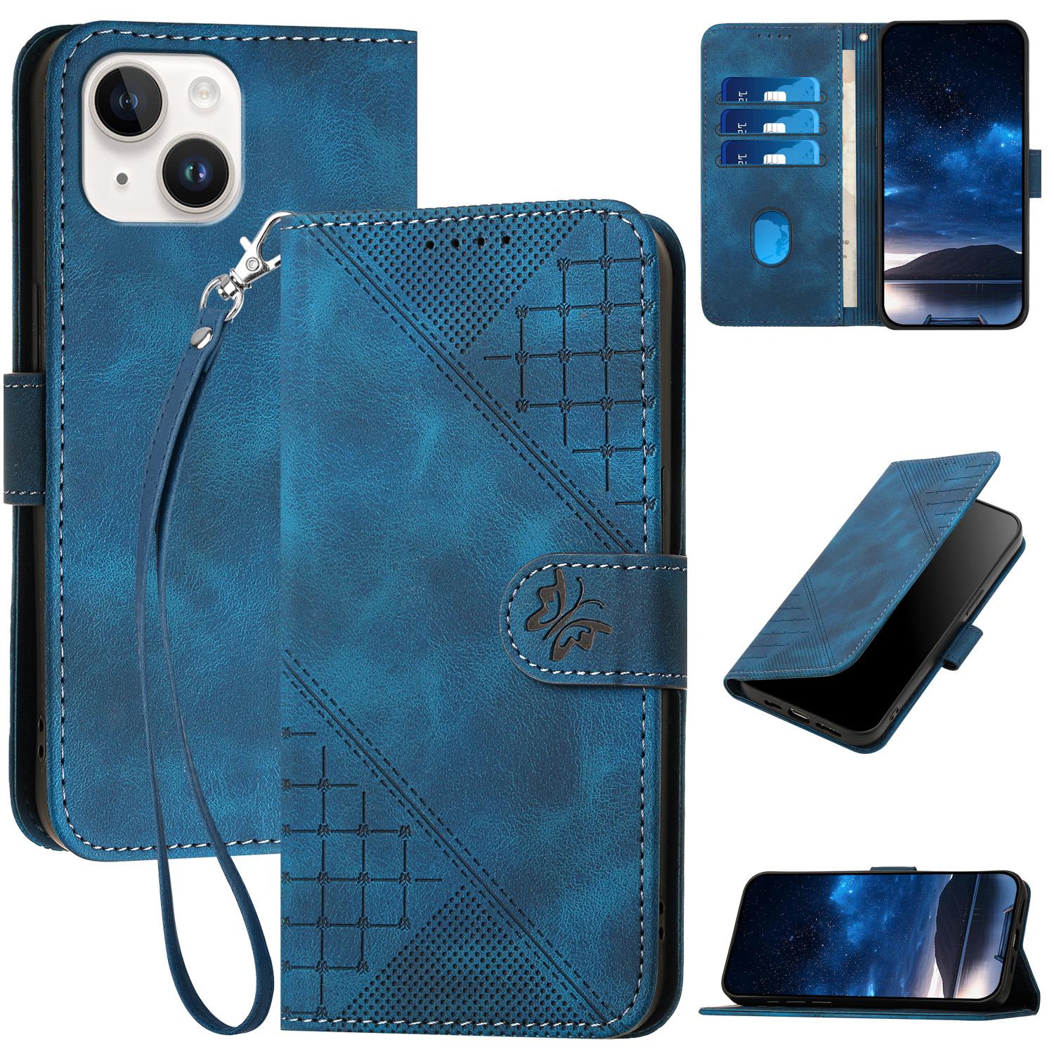 

For iPhone 15 Leather Wallet Case Butterfly Flower Imprinted Phone Cover with Strap A