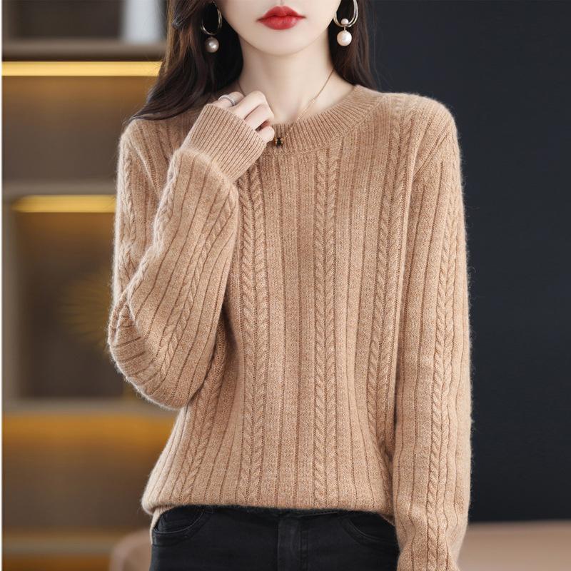 Pull torsadé à la mode pour femme, haut tricoté à col rond et uni