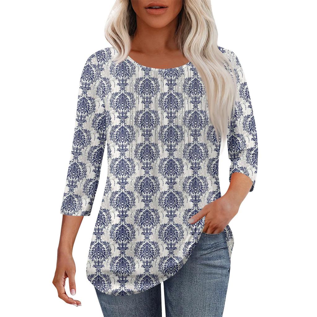 Damska Modna Codzienna Plisowana Koszulka Top z Okrągłym Dekoltem i Rękawami Siedem Ósmych