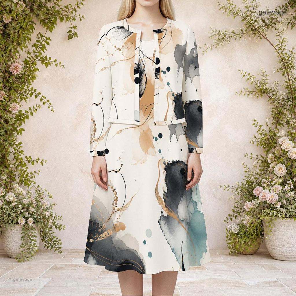 Women Plus Size Abstract Printed Two Piece Set Round Neck Long Sleeve Cropped Cardigan Sleeveless Midi Dress