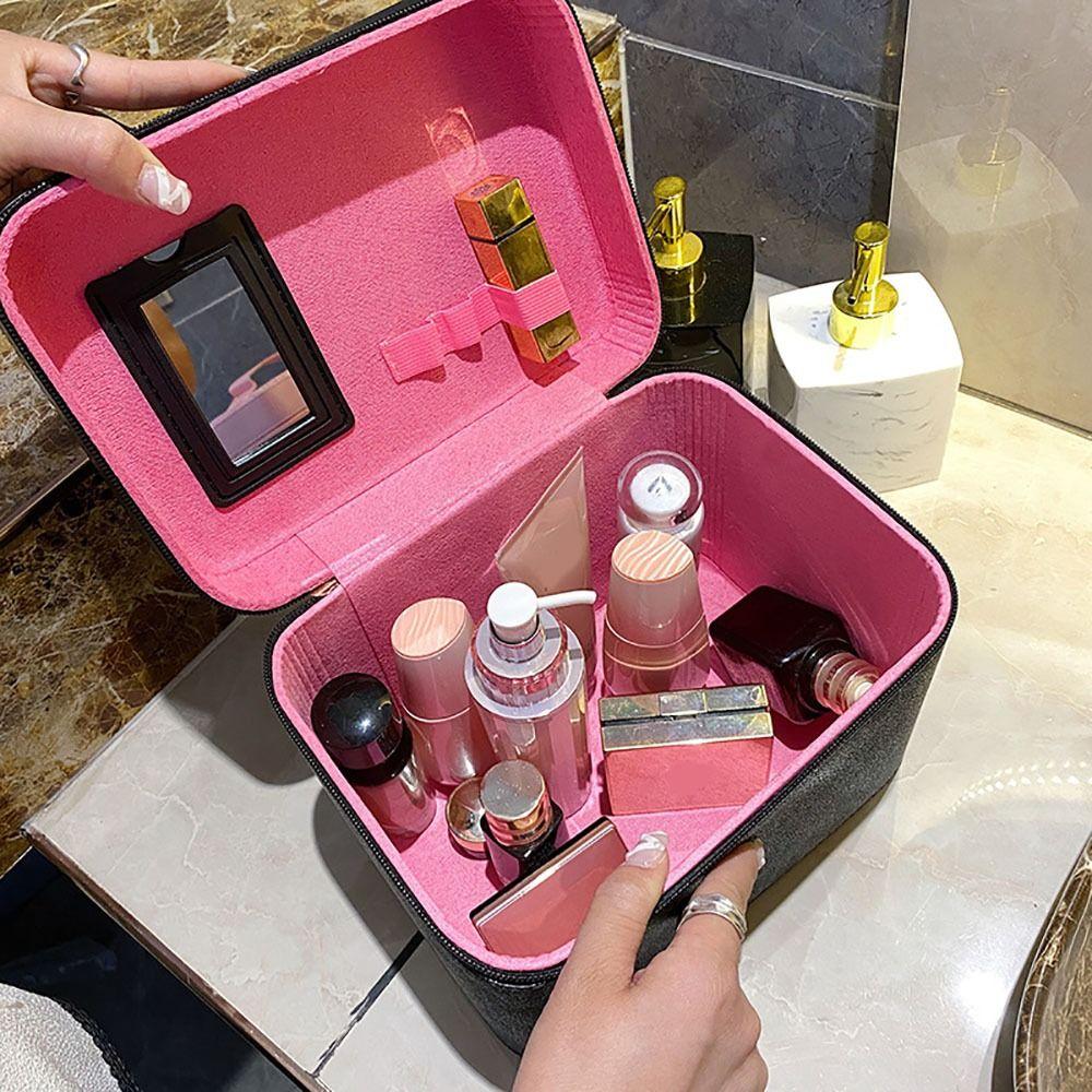 Portable Waterproof Cosmetic Case Large Capacity Hard Shell Makeup Case PU Leather Square Makeup Handbag Women
