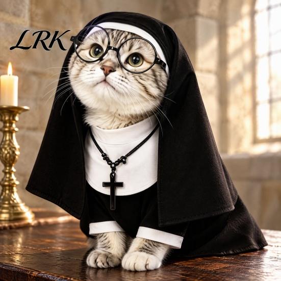 Vicces macska Halloween jelmez Apácakolostor jelmez, Cosplay ruházat kalappal, szemüveggel és nyaklánccal, Kisállat puha kényelmes jelmez macskák és kistestű kutyák számára, Party