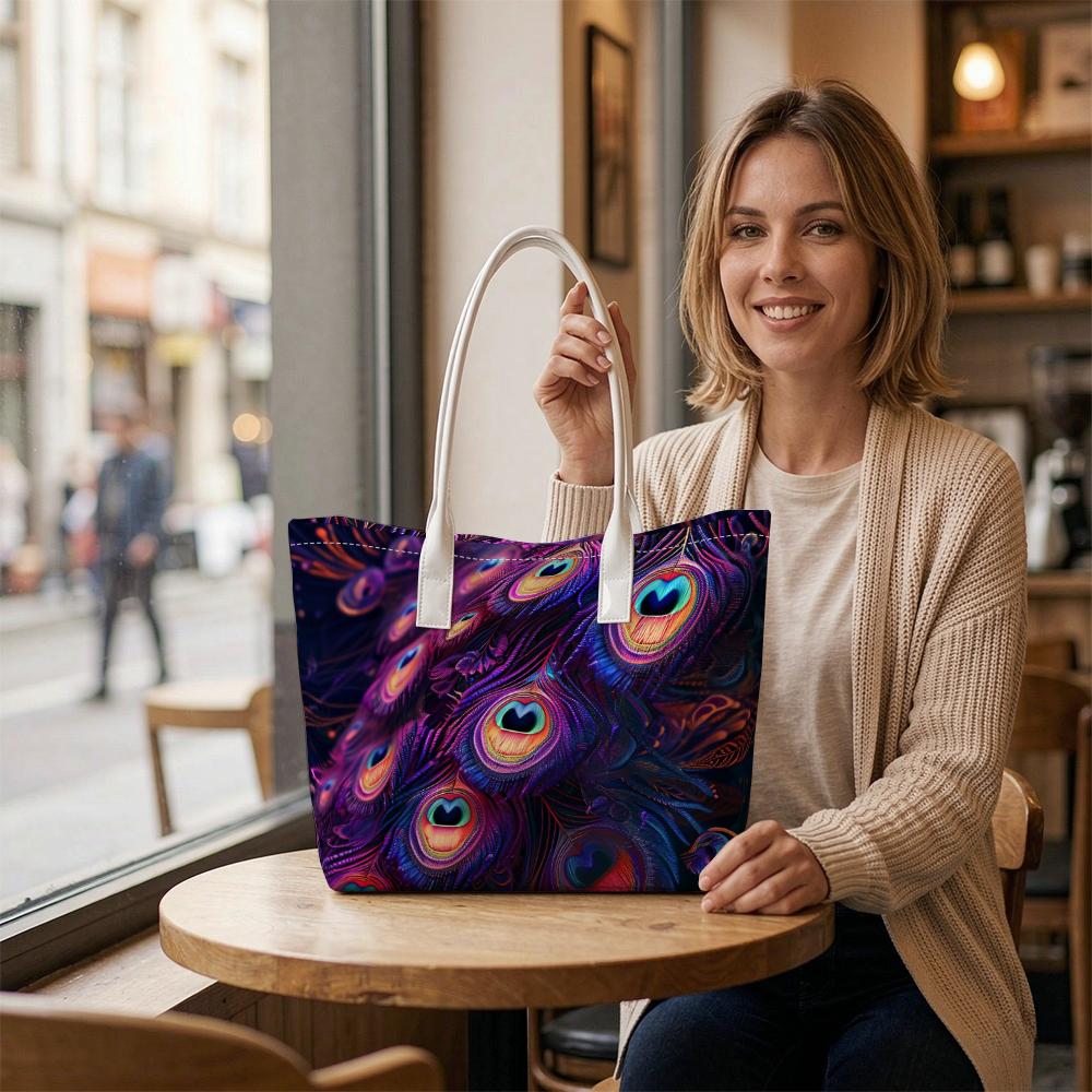 Stylish Peacock Feather Pattern Portable Daily Tote Bag for Women Fashion Casual Outdoor Travel Commute Use
